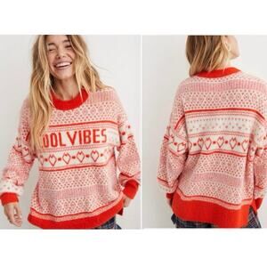 New Aerie Flurry Oversized Crew Sweater Cool Vibes Hearts Red White - Size XXS